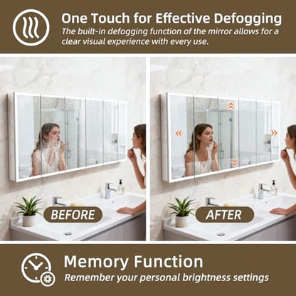 96x40" Extra-Wide Smart LED Medicine Cabinet, Outlets, Anti-Fog, Bathroom | Surface-Mount/Recessed, Double-Sided Mirror Cabinet, 3-Color Dim, 10 Bright Levels, DTC Soft-Close, Adjustable Shelfs - size: 96"Wx40"H