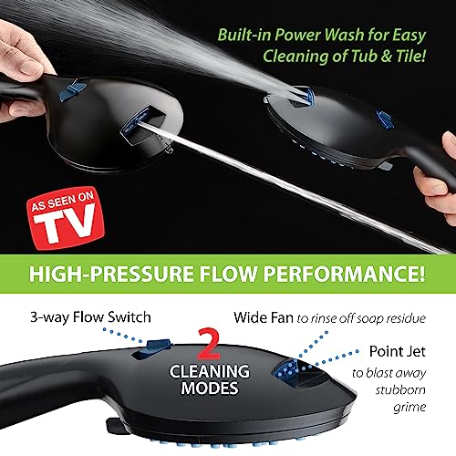 AquaCare High Pressure 8-mode Handheld Shower Head - Anti-clog Nozzles, Built-in Power Wash to Clean Tub, Tile & Pets, Extra Long 6 ft. Stainless Steel Hose, Wall & Overhead Brackets | Stay Clean Nozzles, Dual Power Wash for Tub, Tile & Pets, Long 6 ft. S