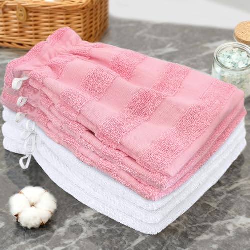 VOOVA & MOVAS Shower Gloves Pack,6.3x8.3 in,European Style with Loop | 100% Cotton, Pink Jacquard Stripe, Soft & Absorbent, No Fade, Ice Pack Pocket, Quick Dry, for Shower & Gym - color: Jacquard Pink Stripe & White, size: 6PC Bath Mitts