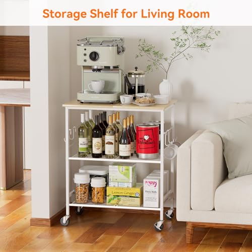 NTE Rolling Kitchen Microwave Cart, 3 Tier Microwave Stand with Storage, Small Kitchen Island on Wheels, Kitchen Storage Cart with 6 Hooks for Kitchen, Coffee Bar, Living Room, Balcony - color: White