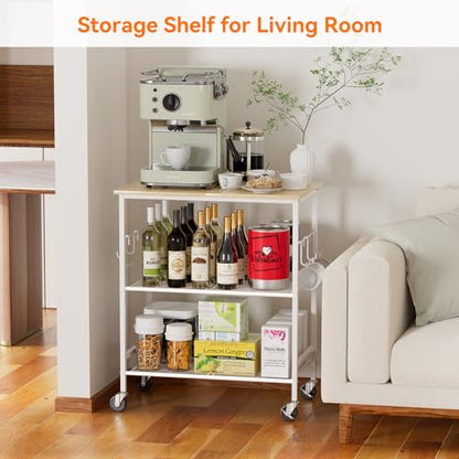 NTE Rolling Kitchen Microwave Cart, 3 Tier Microwave Stand with Storage, Small Kitchen Island on Wheels, Kitchen Storage Cart with 6 Hooks for Kitchen, Coffee Bar, Living Room, Balcony - color: White