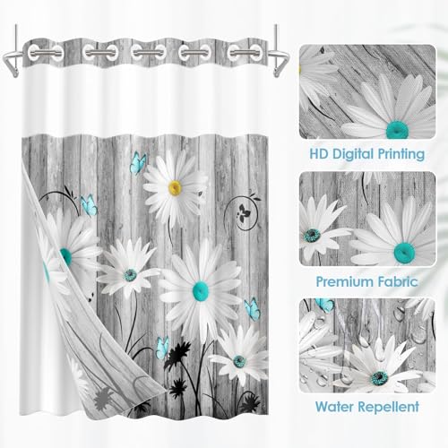 No Hook Shower Curtain with Snap in Liner 71x74 Inch Daisy Flower | Wooden Boards Gray Modern Double Layers Waterproof Fabric with See Through Top Window Open Grommet Bath Curtain - color: Daisy, size: 71"W x 74"L (Pack of 1)