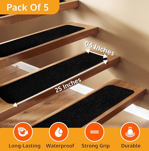 Stair Treads Non-Slip for Wooden Steps Indoor and Outdoor Grip Tape 6"x24" | 5 Pack, Waterproof 80-Grit Adhesive Treads for Concrete Steps, Anti Slip & Strong Non-Skid Traction, Weather Resistant, Black - size: Black, style: 5 Pack