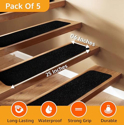 Stair Treads Non-Slip for Wooden Steps Indoor and Outdoor Grip Tape 6"x24" | 5 Pack, Waterproof 80-Grit Adhesive Treads for Concrete Steps, Anti Slip & Strong Non-Skid Traction, Weather Resistant, Black - size: Black, style: 5 Pack
