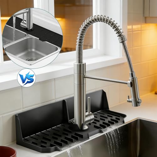 Sink Splash Guard Behind Faucet, 17" x 5.5" Silicone Faucet Drying Mat & Dish Sponge Holder, Fast Self-Draining Kitchen Sink Organizer with Adjustable Fit (Black) - color: Black