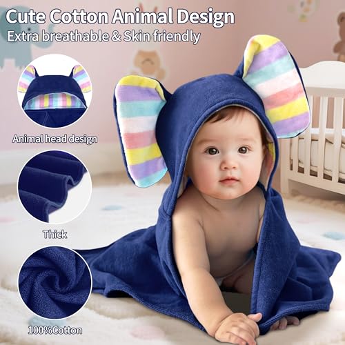 VOOVA & MOVAS Navy Baby Hooded Towel, Organic 100% Cotton,33"X31.5" - color: Navy Elephant, size: 33 x 31.5 inches