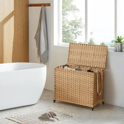 Laundry Hamper with Wheels, 52.8 Gallon(200L) Rolling Laundry Basket with Lid, Removable Large 3 Color Liners & 3 Mesh Laundry Bags, Clothes Hamper with Side Pocket, Natural - color: Natural, size: 31.5"L x 15.75"W x 25.6"H