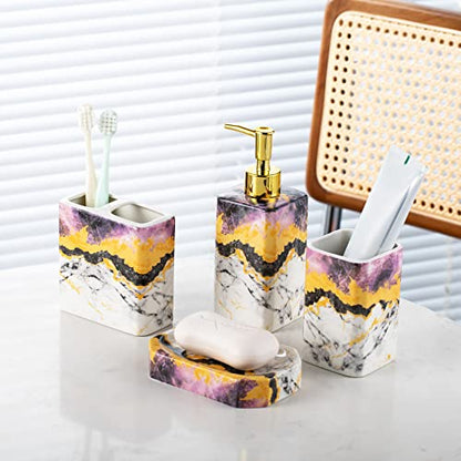 4 Piece Bathroom Accessories Set - Purple Bathroom Accessory Sets Includes Lotion Dispenser, Toothbrush Holder Tumbler, and Soap Dish - Glossy Finish (Marble, Purple) - color: Purple