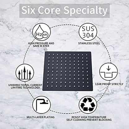 Black Shower Head GGStudy 6 inch Square Rain Shower Heads Stainless Steel High Pressure Ultra Thin Rainfall Bath Shower Self-cleaning Silicone Nozzle - color: Black, size: Square