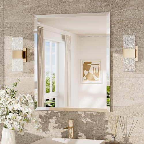 24x30 Frameless Bathroom Mirror for Over Sink, Tempered Beveled Wall Mirror with 1" Beveled Edge, Shatterproof Rectangle Mirrored for Vanity, Living Room, Entryway, Restroom - size: 30"L x 24"W, style: Beveled