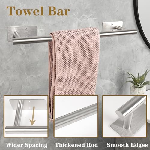 5 PCS Self Adhesive Bathroom Hardware Set,Stainless Steel Towel Rack Set Include 16In Bath Towel Bar+Toilet Paper Holder+3 Towel/Robe Hooks Wall Mounted Bathroom Accessory Kit(Brushed Nickel) - color: Brushed Nickel, size: 16 In-5 Pcs