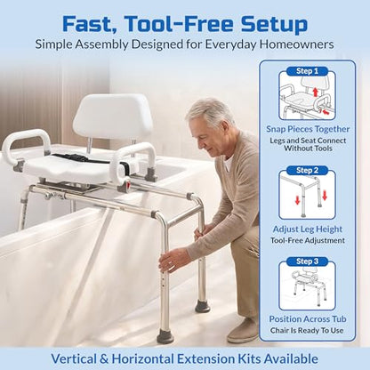 Carousel Sliding Shower Chair Tub Transfer Bench with Swivel Seat Elderly | Slide Safely In & Out of the Tub - White, padded seat, padded armrests, swivel seat, backrest, heavy-duty, extra-wide seat - color: White