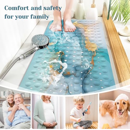 Marble Bath Tub Mat Non Slip, Green Blue Marble Non Slip Bath Mat for Shower, Large Washable Shower Mats for Showers with Drain Holes and Suction Cups,40 X 16 Inch - color: Green Blue Marble
