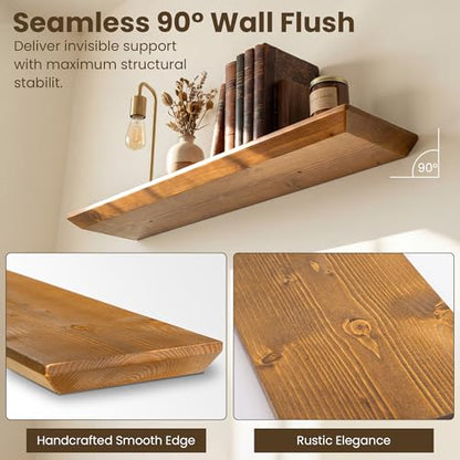 Acovy 36in Solid Spruce Wood Floating Shelves with Beveled Bottom Edges, Wooden Floating Shelf with Heavy-Duty Bracket for Living Room Bathroom Bedroom Kitchen, Rustic Light Brown, Set of 2 - color: Rustic Light Brown, size: 36"-2 Packs