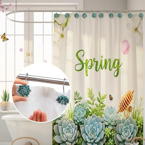 12 Pcs Succulents Plants Decorative Cute Shower Curtain Hooks Mini Succulents Green Shower Curtain Rings Bulk Hanger Stainless Steel Resin Plant Theme Hooks for Bathroom Bedroom Home Decor - style: Succulents Plant
