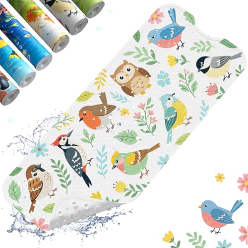Baby Bath Mat for Tub Non Slip Kids, BPA Free Extra Long Bathtub Mat 40x16 with Drain Holes and 200 Suction Cups, Non Toxic Machine Washable Toddler Bath Mat, Eco-Friendly Certified - color: Bird