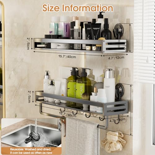 Suction Cup Shower Caddy with 5 Hooks & Towel Rrack 15.7inch Grey | No Drilling Shower Organizer with Large Capacity, Rust-resistant Bathroom Organizer, With 2 Backup Suction Cups (2-Pack) - size: 15.7 inches(2pack Dark Grey)