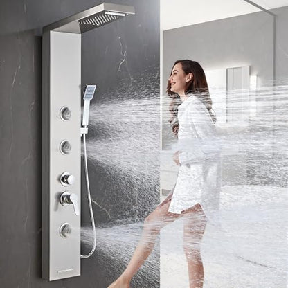 6 in1 Multi-Function Shower Panel Tower System-Brushed Gray | 304 stainless steel Shower Panel Column Tower with Powerful Body Massage, Rainfall, Waterfall,Handheld and Tub Spout - color: Brushed Gray, style: HSY-003