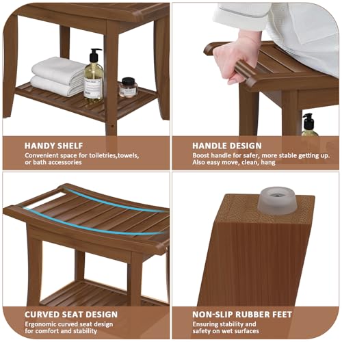 Bamboo Shower Stool Bench Waterproof with Storage Shelf for Shaving Legs or Spa Bath Seat in Bathroom & Inside Shower for Adults Seniors Elderly (24 x 13.4 x 18.5 inches+Walnut) - size: 24 x 13.4 x 18.5 inches+Walnut