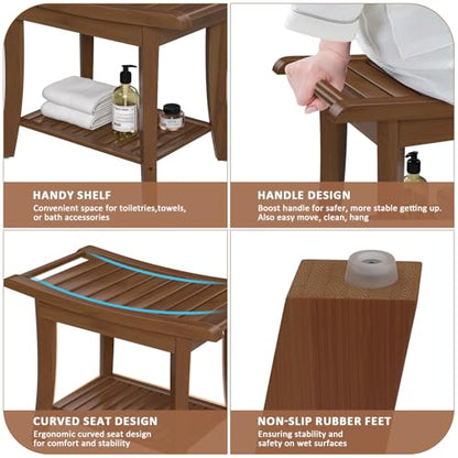 Bamboo Shower Stool Bench Waterproof with Storage Shelf for Shaving Legs or Spa Bath Seat in Bathroom & Inside Shower for Adults Seniors Elderly (24 x 13.4 x 18.5 inches+Walnut) - size: 24 x 13.4 x 18.5 inches+Walnut