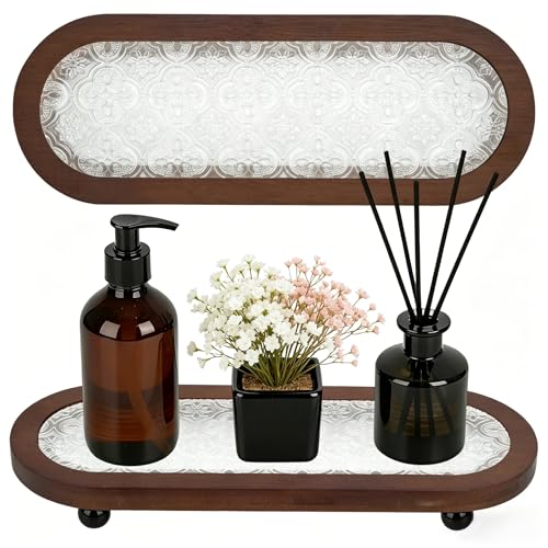 Sink Organizer for Bathroom and Kitchen, Decorative Oval Vanity Tray, Wood and Acrylic, 11.8x4.3x1.35 Inch, with Raised Metal Feet, for Bathroom Vanity Display (Floral) - color: Floral