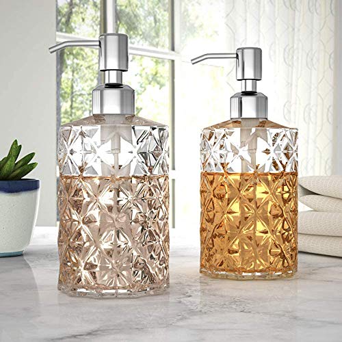 Soap Dispenser, 2 Pack, 12 Oz, Clear Diamond Design Glass | Refillable Hand Soap Dispensers, 304 Rust Proof Stainless Steel Pump, For Kitchen, For Bathroom, Lotion Dispensers