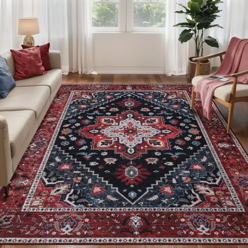 Ciicool 5x7 Area Rug Washable Rugs for Living Room,Non-Slip Indoor Large Low-Pile Mat Kitchen,Floor Carpet Vintage Carpet for Bedroom Dinning Living Room - color: Dark Blue/Red, size: 5' X 7' (Rectangular)