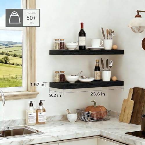 Wood Floating Shelves Floating Wall Shelves Set of 2, Wall Mounted Space Saving Display Rack, 50LBS Capacity Farmhouse Style for Home Bathroom Kitchen Office, 23.6" W×9.25" D×1.57" H, Black - color: Black, size: 23.6'W *9.25"D*1.57"H ,Set of 2