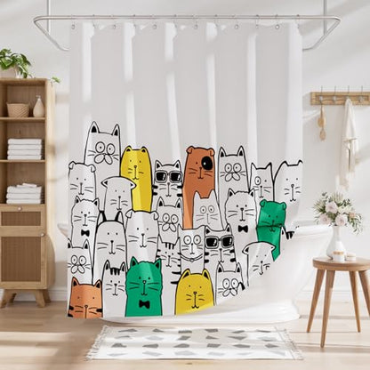 AmazerBath Shower Curtain, Washable Cute Kitty Carnival Cloth Shower Curtain Set with 12 Metal Hooks, Kawaii Waterproof Fabric Black and White Shower Curtain for Kids' Bathroom, 72x72 Inches - color: D- Kitty Carnival+12 Metal Hooks, size: 72"W x 72"L (Pa