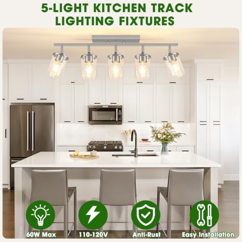 FadimiKoo 5-Lights Brushed Nickel Track Ceiling Light Fixtures, Modern Close to Ceiling Light with Clear Glass Shade, Large Hallway Lighting Fixtures for Dining Room Kitchen Living Room - color: Brushed Nickel, size: 5-Lights