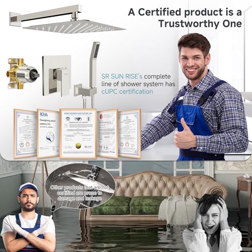 SR SUN RISE Shower Faucet Set & System - 12 Inch Rainfall Shower Head & Handle Set Wall Mounted Brushed Nickel Solid Brass Valve Trim Kit Included - color: Brushed Nickel, size: 12 Inch