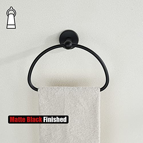 JQK Towel Ring Matte Black, Stainless Steel Half Ring Towel Holder for Bathroom, 7 Inch Brushed Finished Wall Mount, TR160-PB - color: Black