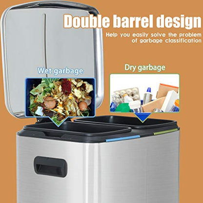 40 Liter / 10 Gallon Dual Compartment Stainless Steel Kitchen Trash Can,Hands-Free Step Trash Bin with Soft-Close Lid, Recycle and Garbage Can Combo, for Kitchen and Living Room Office - style: Single Lid(40L)