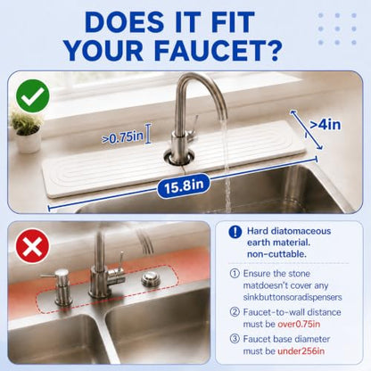 Absorbent Stone Faucet Mat for Kitchen Sink - 15.8" x 4" Diatomite Stone Sink Tray, Quick Dry Bathroom Sink Splash Guard Behind Faucet, Water Catcher Counter Protector (White) - size: 15.8" x 4"