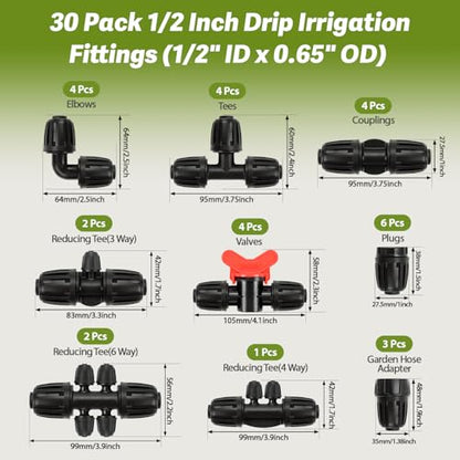 30 Pack 1/2 Inch Drip Irrigation Fittings Kit (1/2" ID x 0.6-0.65" OD), 1/2" Dripline Lock Nut Barbed Connectors - 4 Tees, 4 Couplings, 4 Elbows, 4 Valves, 6 Plugs, 3 Adapters, 5 Reducers - size: 1/2" Nut Fitting Kit-30P