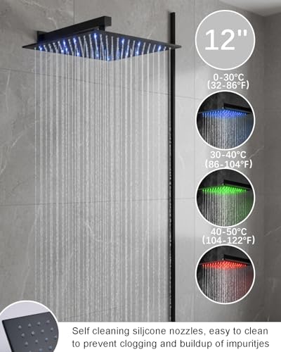 Black Tub Shower Faucet Set 4 Functions Thermostatic Shower System | with Tub Spout, Wall Mounted 12 inch Shower Head, 6 Body Jet, Handheld Spray - color: Black, size: 12" Wall Shower