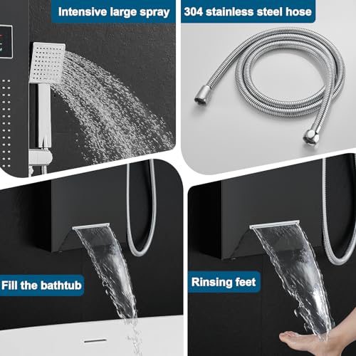 ROVOGO LED Shower Panel Tower With Lights & Digital Display, Water Powered | Rain Mist Shower Head, Handheld, 5 Body Jets, Tub Spout, Hydroelectric Shower Column Stainless Steel W/ Brass Valves, Black - style: 6-Function-Black-Water Powered