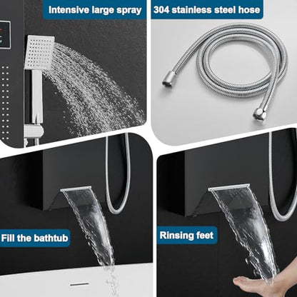 ROVOGO LED Shower Panel Tower With Lights & Digital Display, Water Powered | Rain Mist Shower Head, Handheld, 5 Body Jets, Tub Spout, Hydroelectric Shower Column Stainless Steel W/ Brass Valves, Black - style: 6-Function-Black-Water Powered