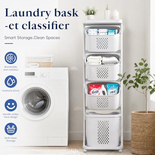4 Tier Rolling Laundry Sorter Cart, Laundry Hamper with Wheels and Removable Baskets, Narrow Laundry Organizer for Bathroom, Bedroom and Laundry Room, Large Capacity Clothes Storage Cart