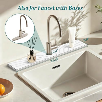 FEELSO Stone Faucet Mat for Kitchen Sink with Non-Slip Silicone Ring, Absorbent Diatomite Faucet Stone Drying Mat & Sink Splash Guard with 5° Slope Fast Draining, Sink Protector for Bathroom Counter