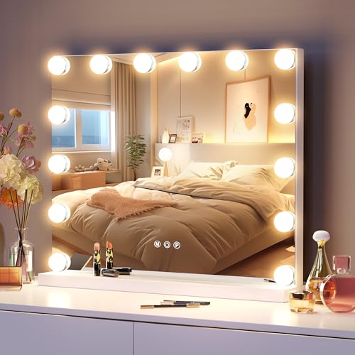 Hollywood Vanity Mirror with 14 LED Bulbs,Lighted Makeup Mirror with Light | Professional Lighted Makeup Mirror, Adjustable Brightness & 3 Color Temperatures, Light up Mirror for Bathroom,Dressing Room - size: 15.7"L x 20.5"W