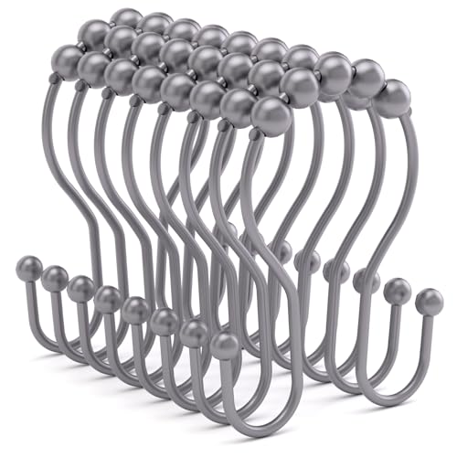 Bathway Shower Curtain Hooks, Shower Curtain Rings Rust Proof Double Hook Shower Curtain Hooks, 12 Pcs Grey Shower Hooks for Shower Curtain, Shower Rings for Curtain, Metal Shower Rod Hooks - color: Grey
