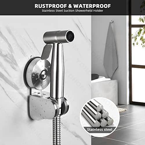 YOHOM Shower Head Holder Suction Cup Handheld Shower Bracket Adjustable Vacuum Shower Wand Hose Holder for Sprayer Nozzle Removable Bathroom Shower Accessory Clip Wall Mount Stainless Steel Brushed - style: Silver