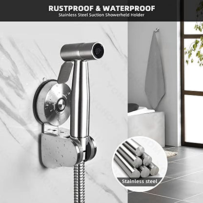 YOHOM Shower Head Holder Suction Cup Handheld Shower Bracket Adjustable Vacuum Shower Wand Hose Holder for Sprayer Nozzle Removable Bathroom Shower Accessory Clip Wall Mount Stainless Steel Brushed - style: Silver