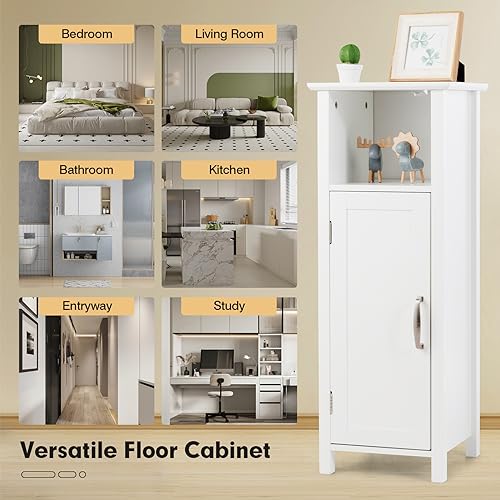 COSTWAY Bathroom Storage Cabinet, Freestanding Narrow Storage Organizer with Open Shelf & Adjustable Shelf, Small Slim Floor Cabinet for Bathroom, Living Room, Entryway, Office, White | with Open Shelf & Adjustable Shelf, Small Slim Floor Cabinet for Bath