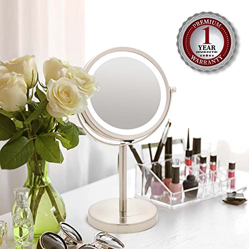 OVENTE Lighted Vanity Mirror 6 Inch Table Top 1X 7X Magnification LED 360 Adjustable Double Sided Spinning Personal Makeup Stand Desk Bathroom Battery Powered Round Large Nickel Brushed MLT60BR1X7X - color: Nickel Brushed, size: 11.3"L x 5.9"W (Pack of 2)
