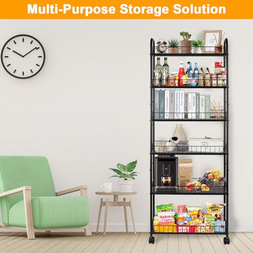 6-Tier Slim Rolling Storage Cart with Wheels Storage Carts Metal Utility Organizer, Narrow Mobile Shelving Unit for Kitchen, Bathroom, Laundry, Office (10in)