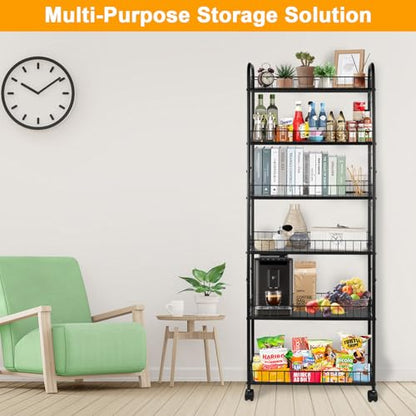 6-Tier Slim Rolling Storage Cart with Wheels Storage Carts Metal Utility Organizer, Narrow Mobile Shelving Unit for Kitchen, Bathroom, Laundry, Office (10in)
