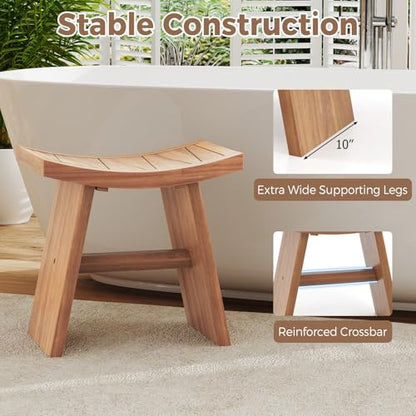Giantex Teak Wood Shower Bench, Waterproof Shower Stool with Curved Seat for Inside Shower, Spa Bathing Step Foot Rest, Bathroom Stool for Elderly Seniors, Indoor and Outdoor Use, 18" x 13" x 17.5"