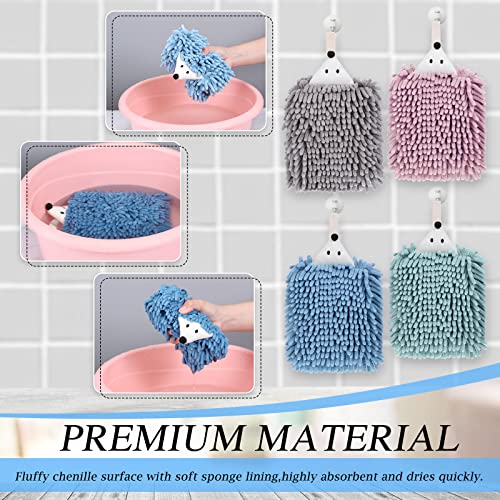 Kinlop Set of 4 Chenille Hand Towels, Fuzzy Ball Towel, Soft Hanging Absorbent Quick Dry, Hedgehog Hand Towel for Drying Bath Kitchen Washstand(Pink, Green, Blue, Gray)